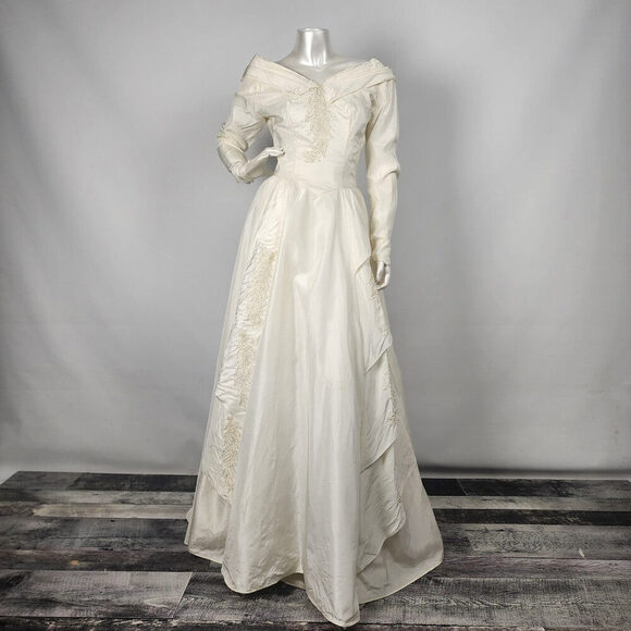 Vintage Dresses & Skirts - Vintage Cream Sequined Floral Detail Drop Shoulder Wedding Dress Size XS